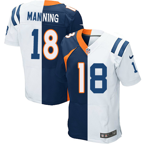 Men's Elite Peyton Manning Nike Jersey White/Navy Blue - #18 Colts/Broncos Split Fashion NFL Indianapolis Colts